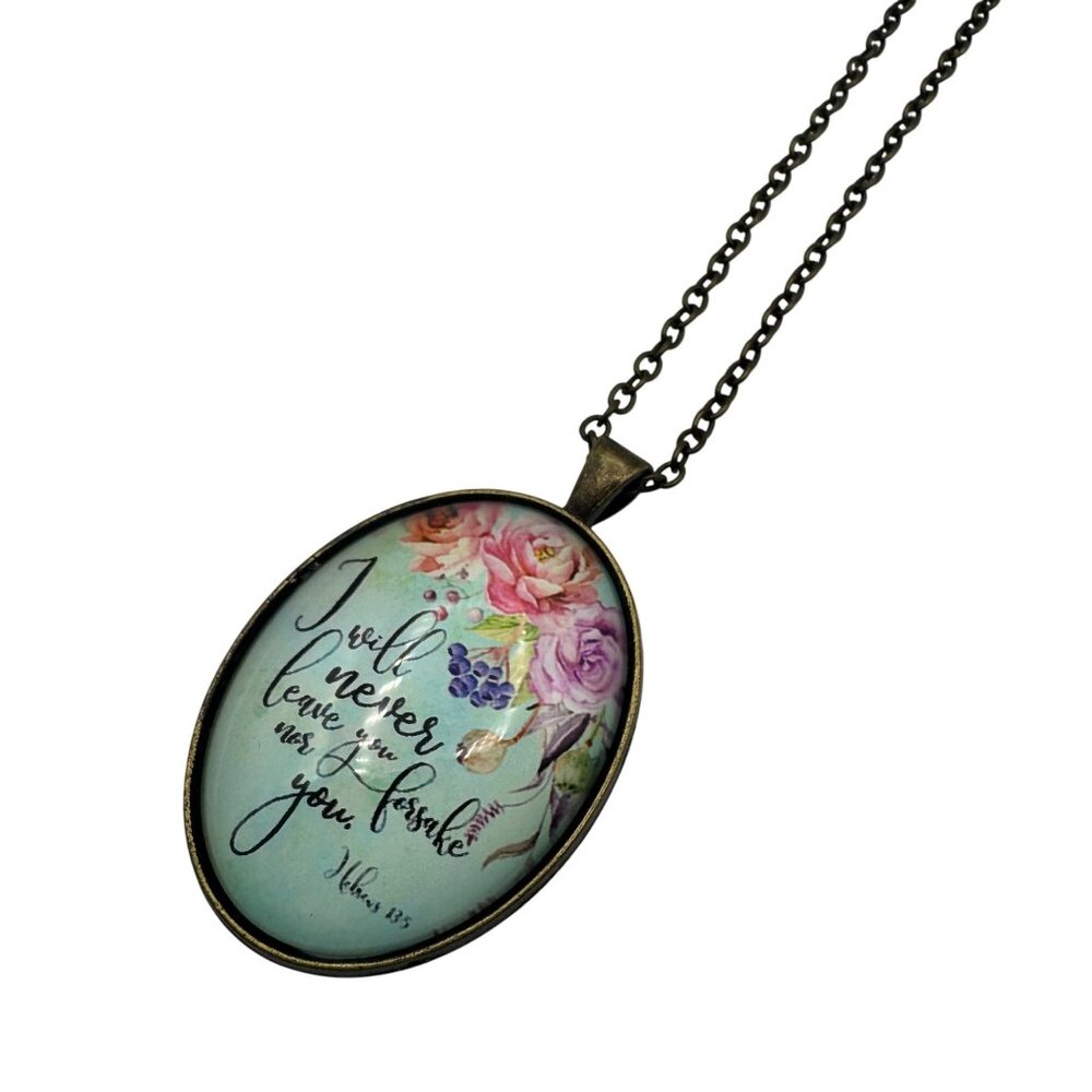 Oval Floral Pendant Necklace With Hebrews 13:5 Verse On Bronze Chain